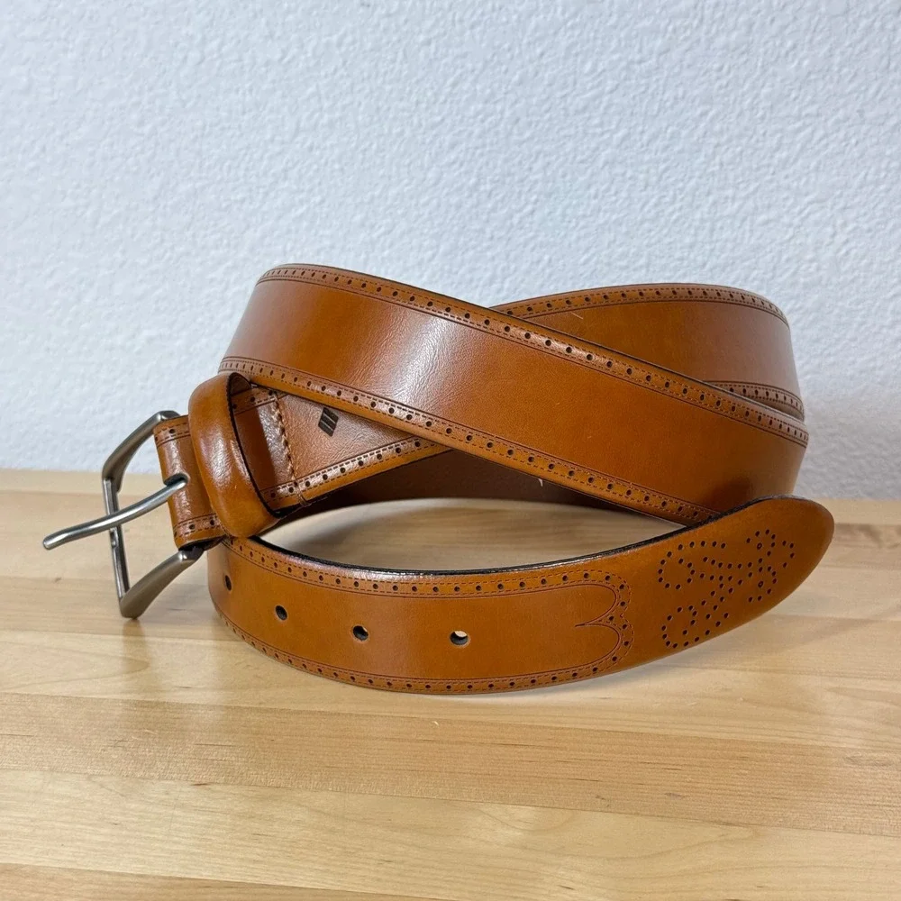Mens Wearhouse Cognac Leather Brogue Belt Handcrafted in Italy Size 40 13033-262
